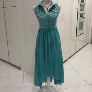 Cute denim & sheer see thru vest one piece maxi